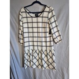 ECI‎ Womens Dress Size 8 White Black Plaid 3/4 Sleeve Stretch Career Casual